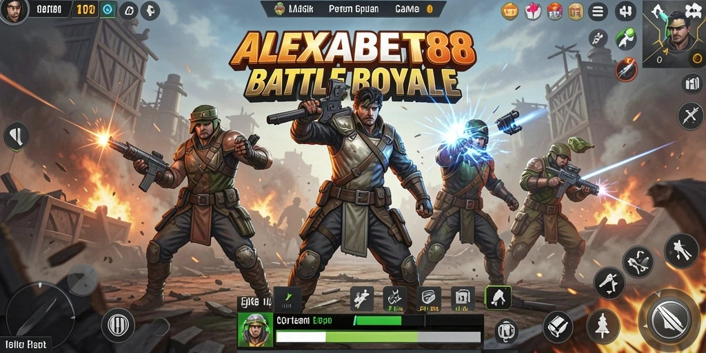 Tampilan penuh aksi dari gameplay Battle Royale di ALEXABET88.