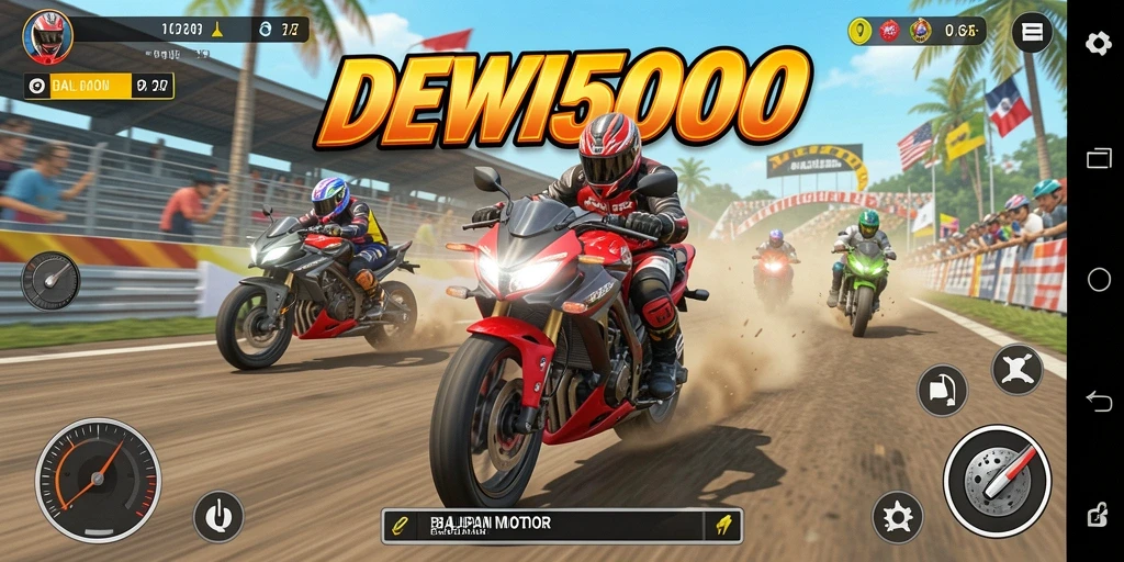 Screenshot gameplay DEWI5000 yang memperlihatkan aksi balapan motor seru.