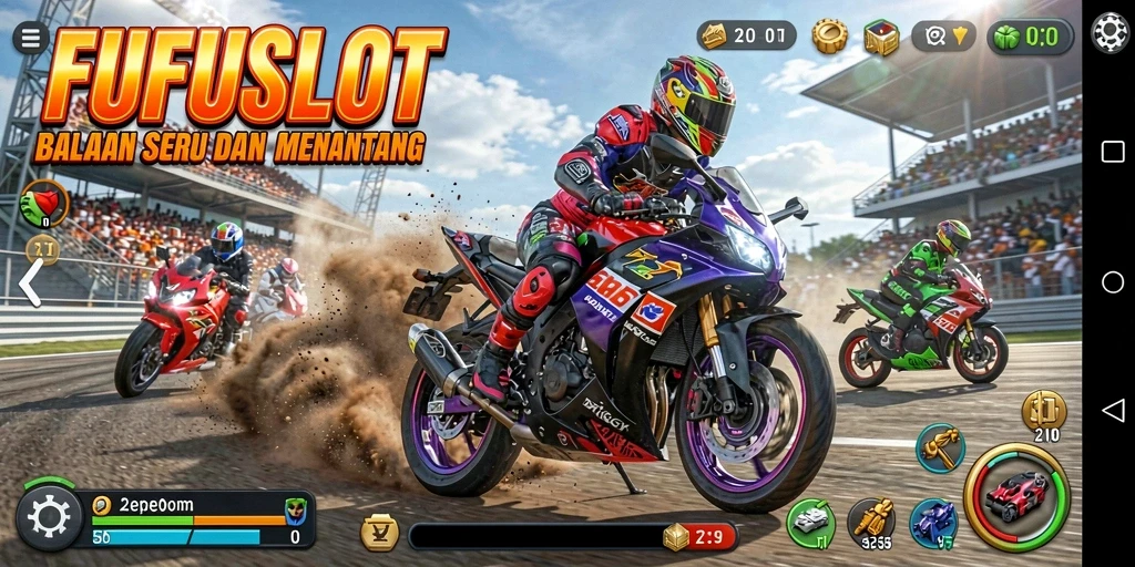 Screenshot utama FUFUSLOT menampilkan balapan motor yang intens dan menarik.