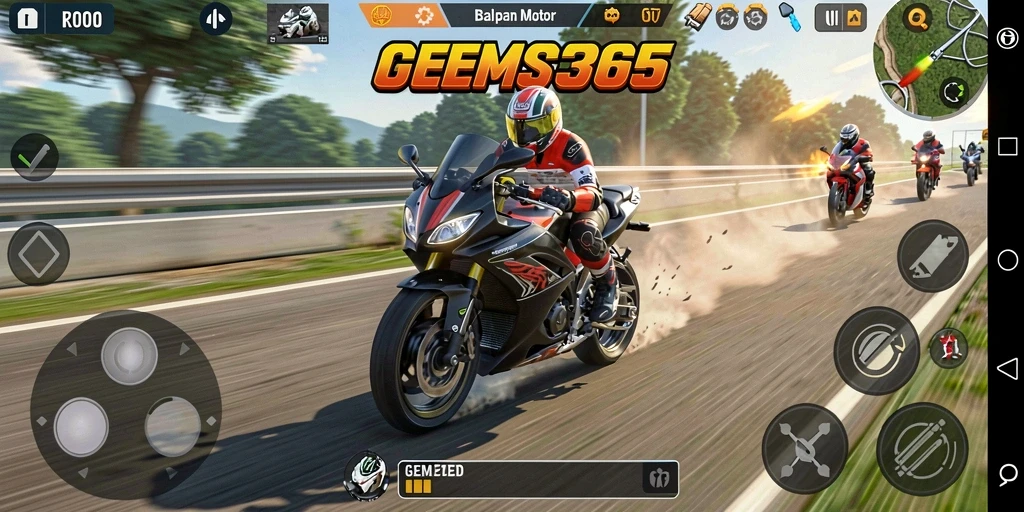 Tampilan seru balapan motor di GEMS365 dengan lintasan yang menantang.