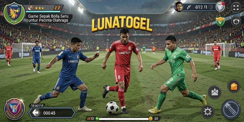 Tampilan utama gameplay LUNATOGEL dengan aksi sepak bola yang intens.