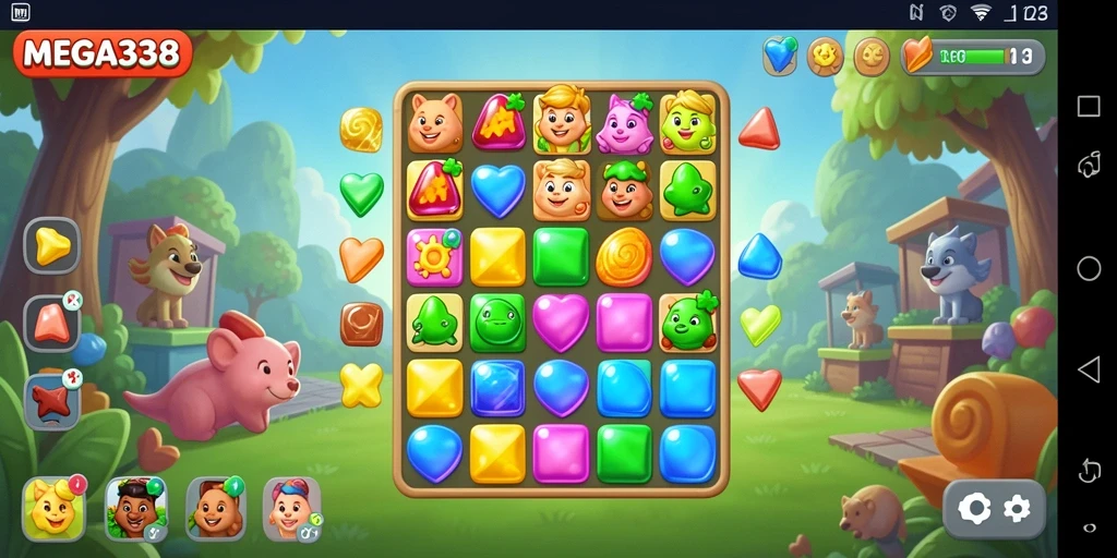 Tampilan gameplay MEGA338 saat mencocokkan elemen Match-3 yang seru.