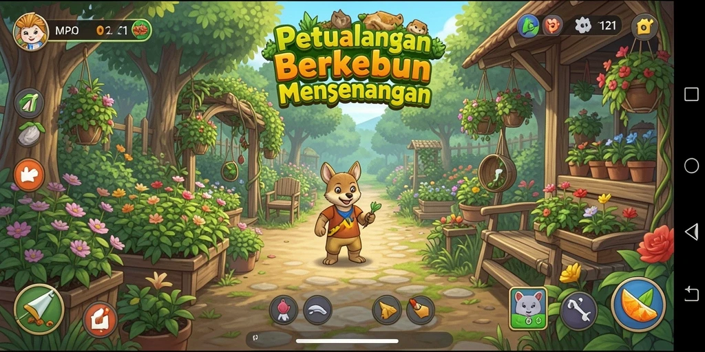 Tampilan gameplay MPO2121 dengan aktivitas berkebun yang seru.