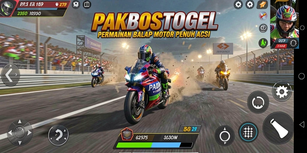 Tampilan gameplay seru di PAKBOSTOGEL dengan balapan motor cepat.