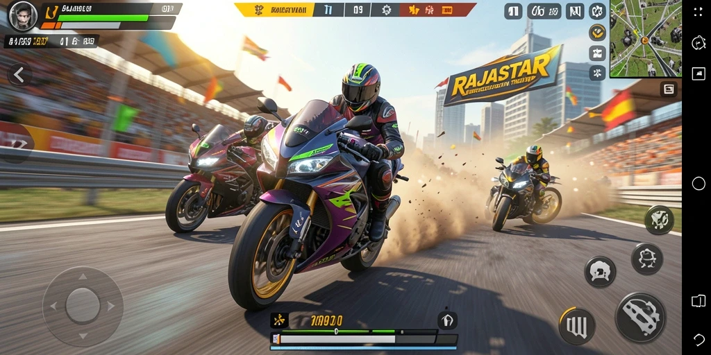 Screenshot gameplay RAJASTAR dengan motor balap yang mendebarkan.