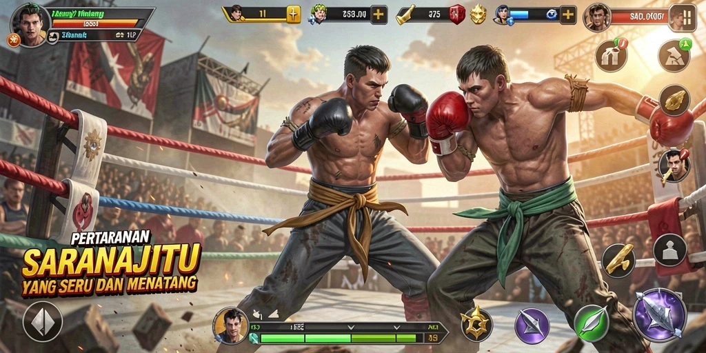 Tampilan gameplay SARANAJITU dengan pertarungan yang intens dan karakter dinamis.