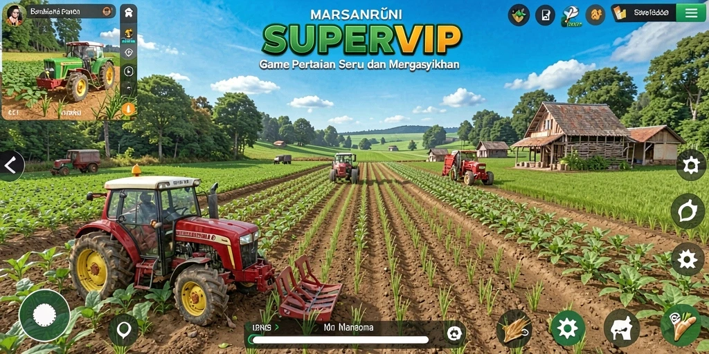 Gameplay SUPERVIP dengan taman yang indah dan hewan peliharaan.