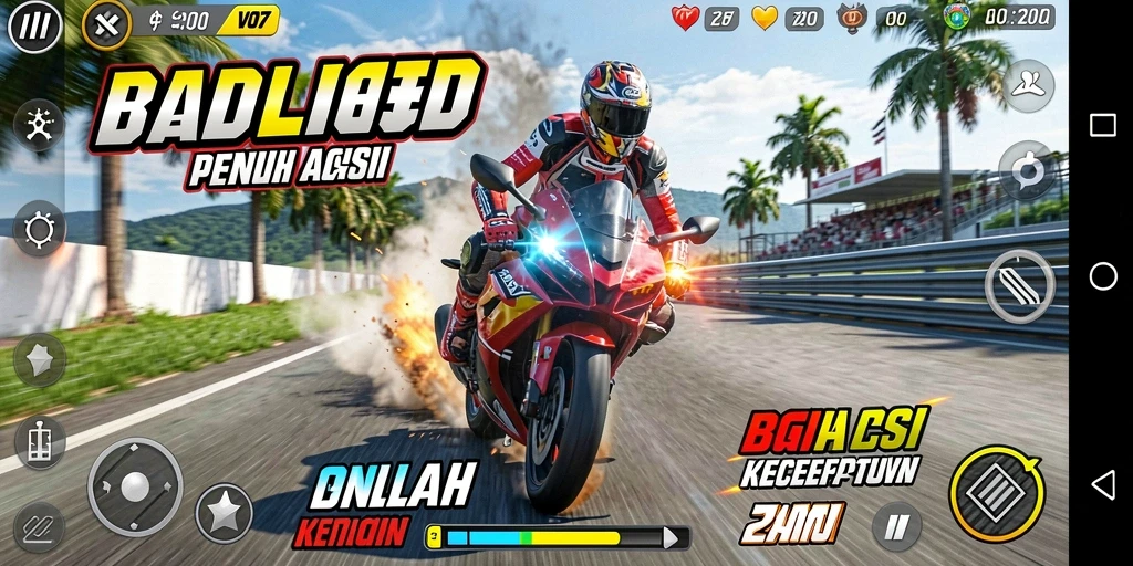 Screenshot V07 menampilkan aksi balap motor yang mendebarkan di trek yang menantang.